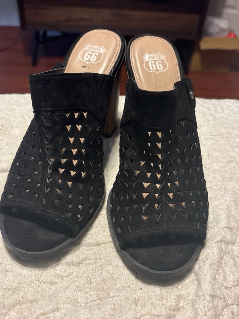 Route 66 Black Suede Laser-Cut Peep-Toe Mules